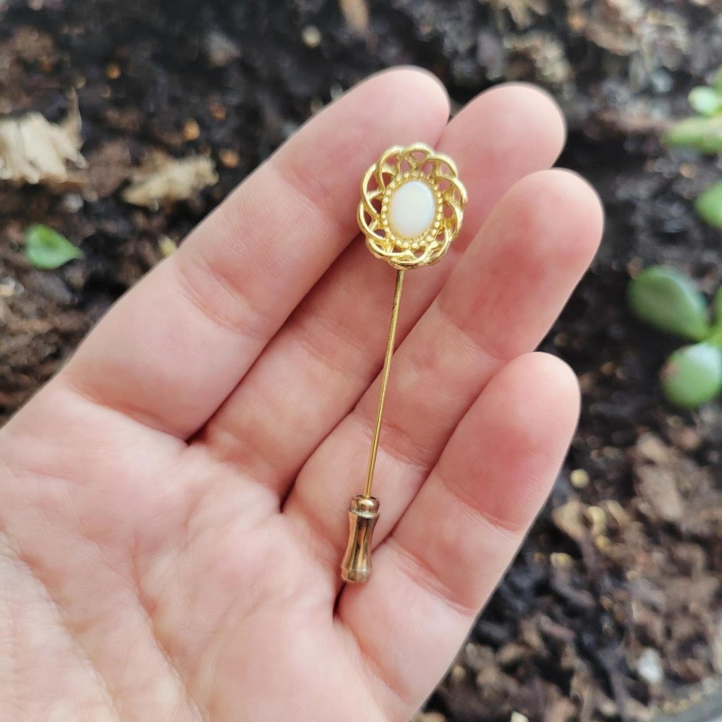 Vintage Dainty Opal-Like Gold & Stick Pin Lapel Brooch Pin